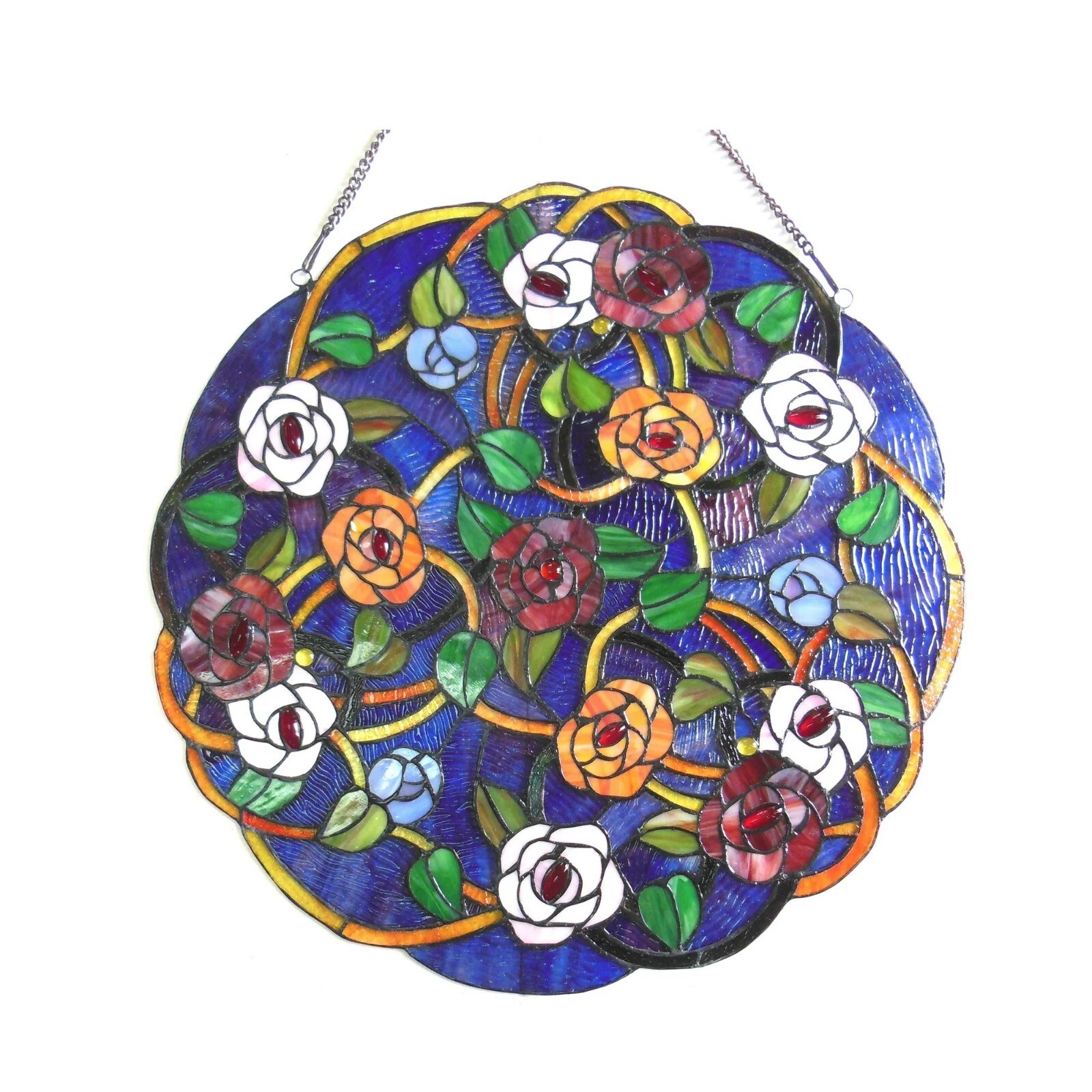 Round Window Panel with Tiffany-Style Roses in Stained Glass, 24 Inches
