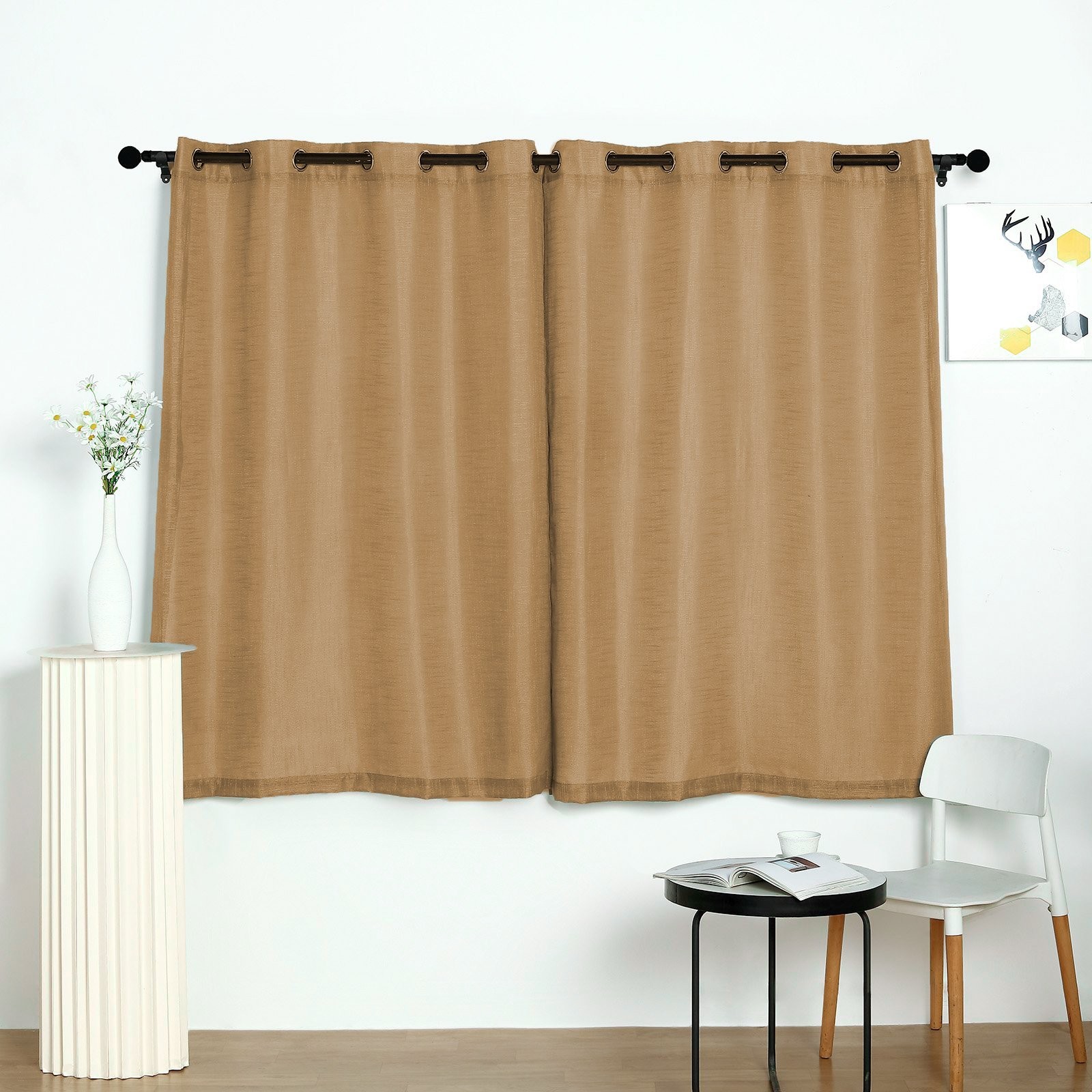 2 NATURAL 52″x64″ FAUX LINEN CURTAINS Chrome Grommets Home Events Decorations