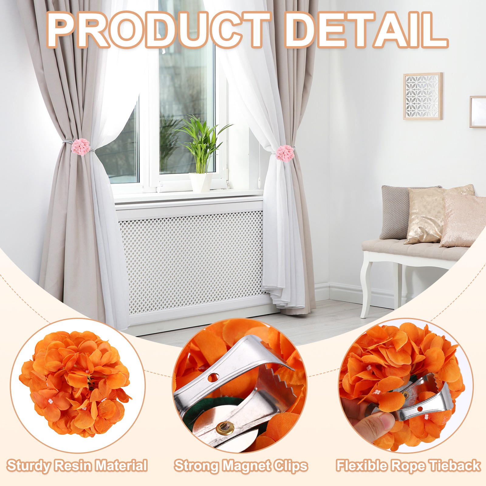 2Pcs Flower Curtain Tiebacks Artificial Floral Drapery Holder Clip Orange