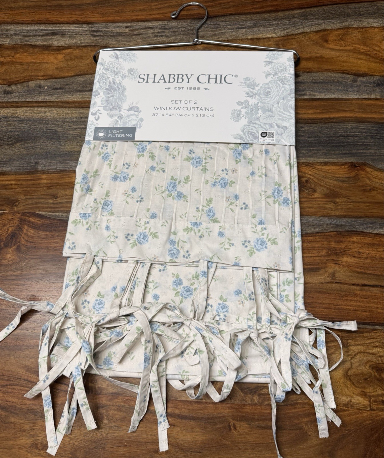 Shabby Chic Set Of 2 Floral Window Curtains Blue Rose Light Filtering 37”x84”