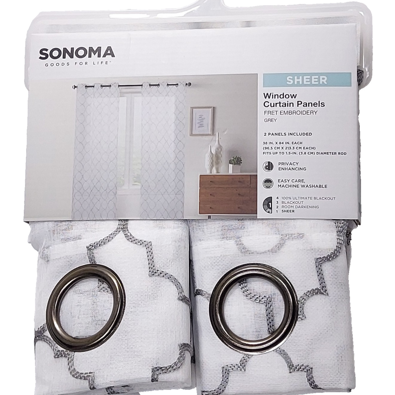 Sonoma 2 Sheer Window Curtain Panels Fret Embroidery Lattice White Grey 84″ Long