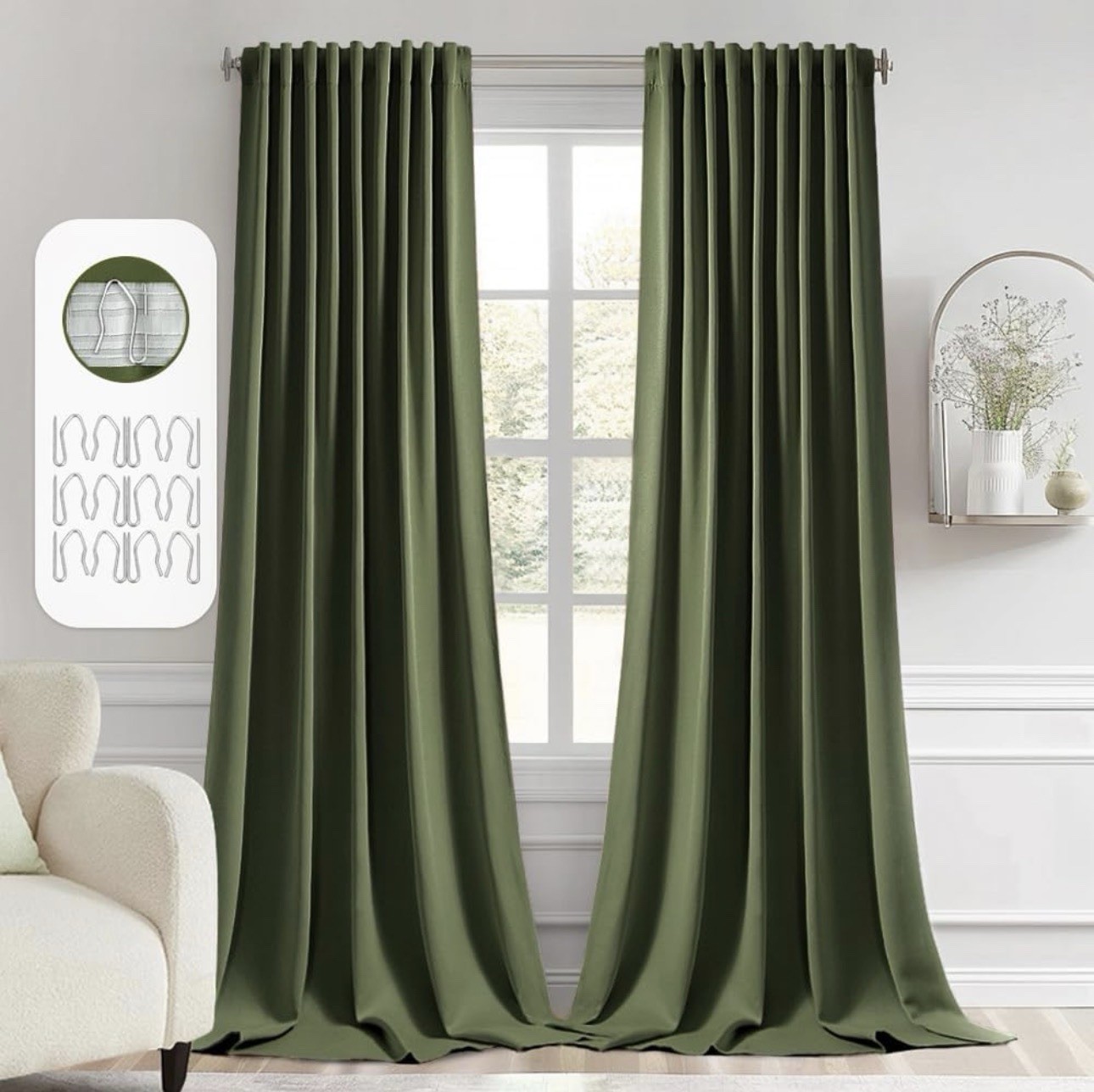 MIULEE Back Tab Sage Green Curtains 102Inch Long 2 Panel Set for Living Bed Room