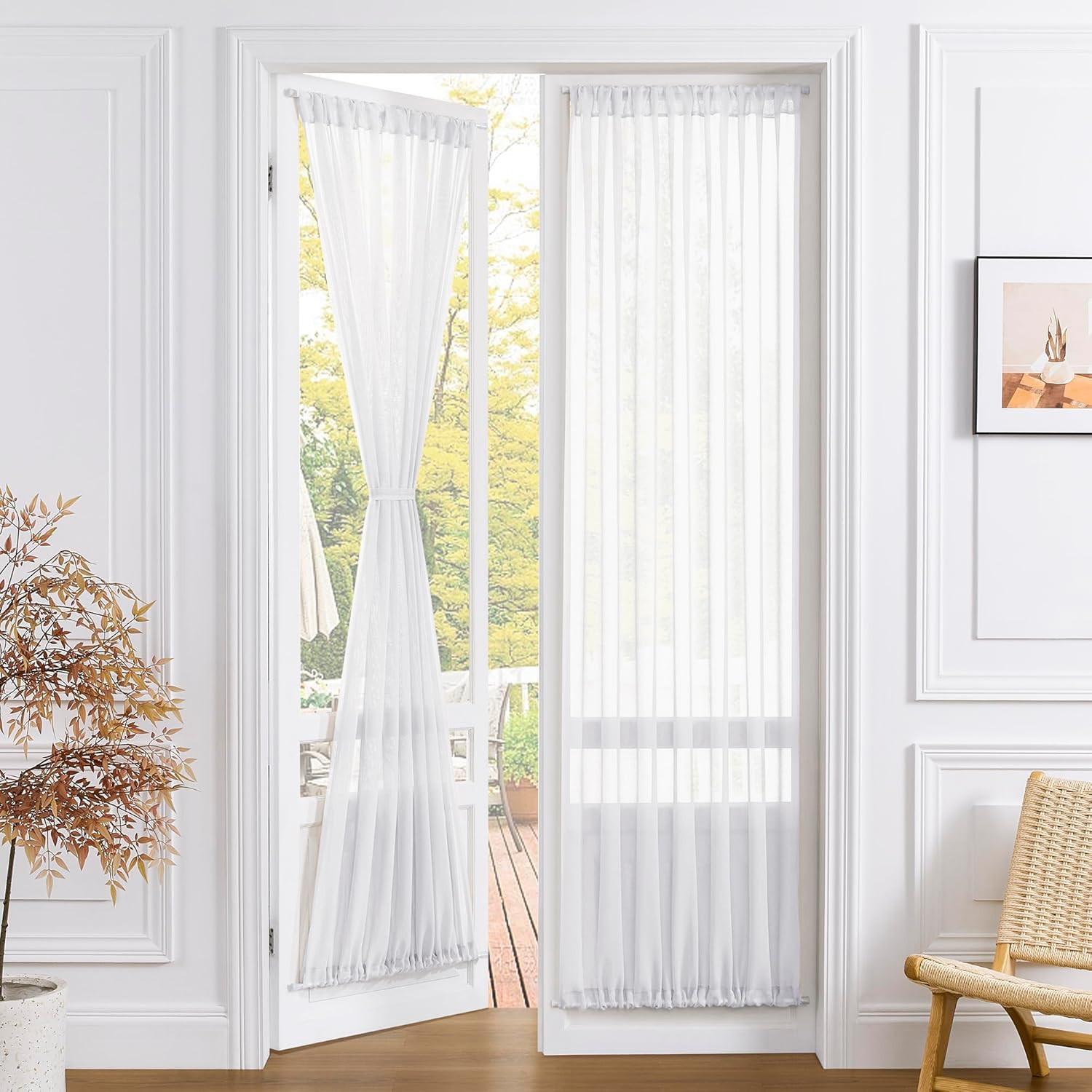 Sheer Linen Textured Door Curtain for French Doors, 25 x 72 Inches, White