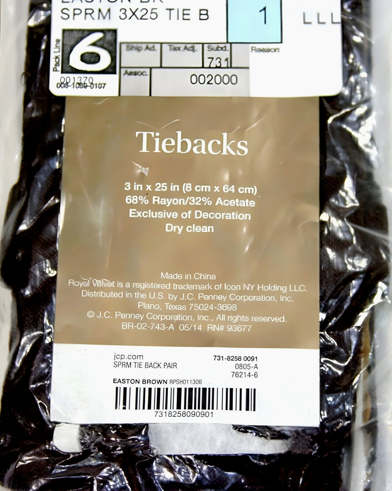 JCPenney Easton Curtain Tiebacks Brown 3×25 Rayon Acetate Dry Clean Pair