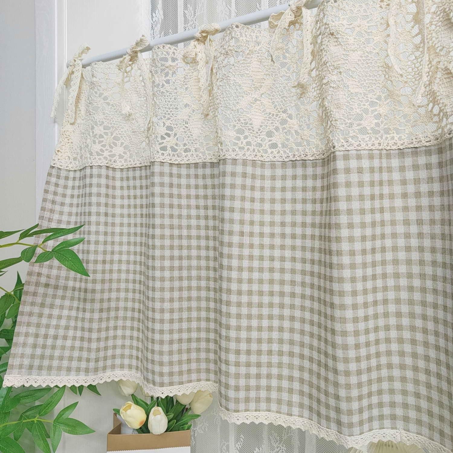 Vintage Buffalo Plaid Valance Stitching Crochet Kitchen Short Curtain Tier Li…
