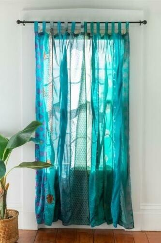 2 Pcs Indian Vintage Silk Saree Curtain Window Decor Panel Drapes Aqua Curtain