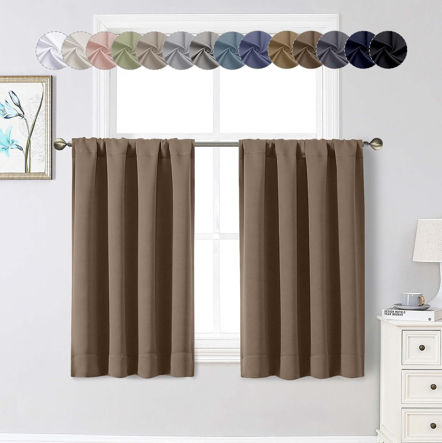 Brown Cafe Blackout Curtains 36 Inch Length 2 Panels Set Soft Solid Thermal Insu