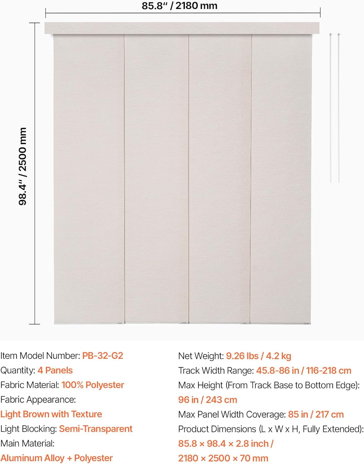 Adjustable Light Brown Panel Track Blinds for Sliding Doors & Room Dividers