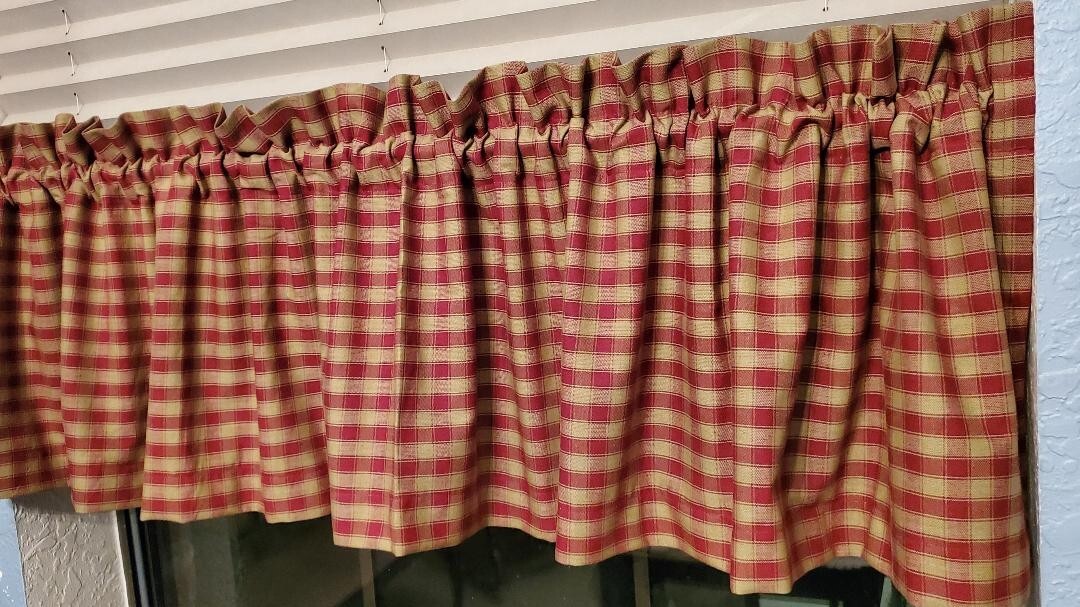 Rustic Primitive Country Red & Tan House Check Homespun Valance 68″x14″