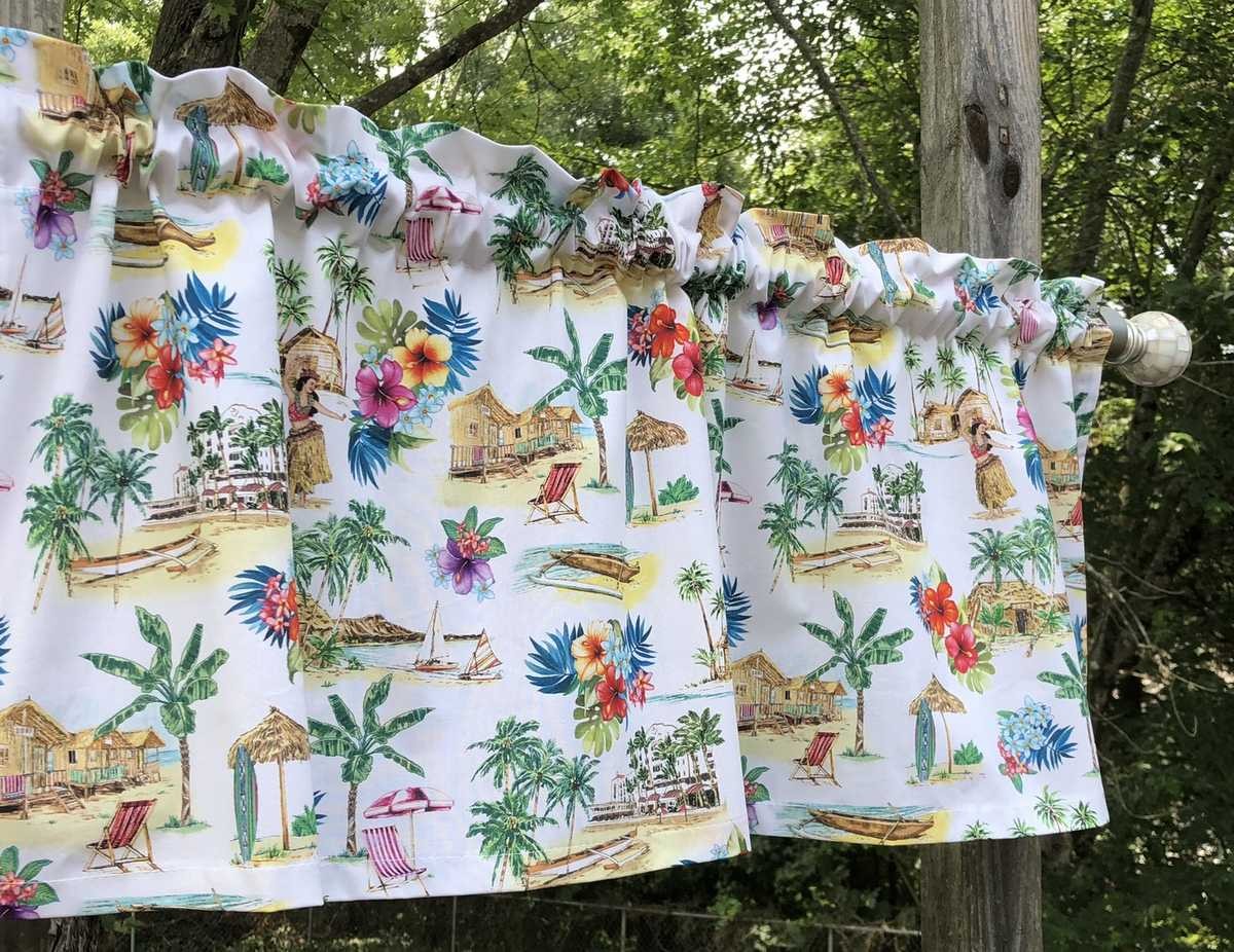 Tropical Island Valance Beach Palm Trees Hula Girl Window Curtain Topper