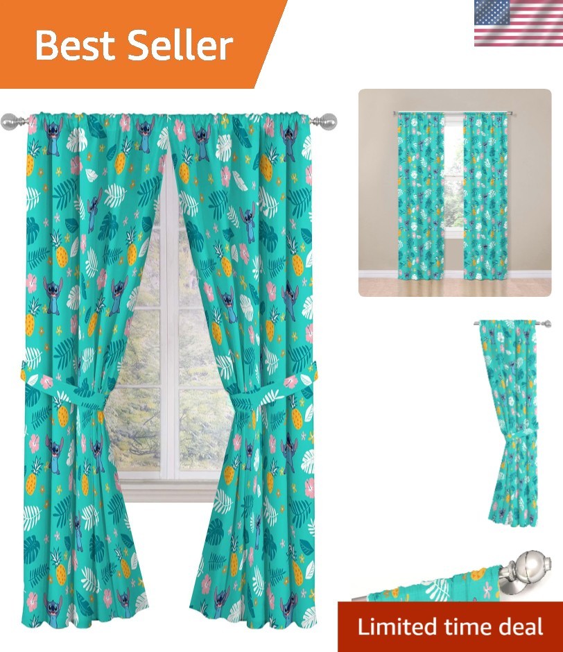 Kids Window Drapes Sheer Cartoon Curtain Set for Bedroom Teal 2pcs