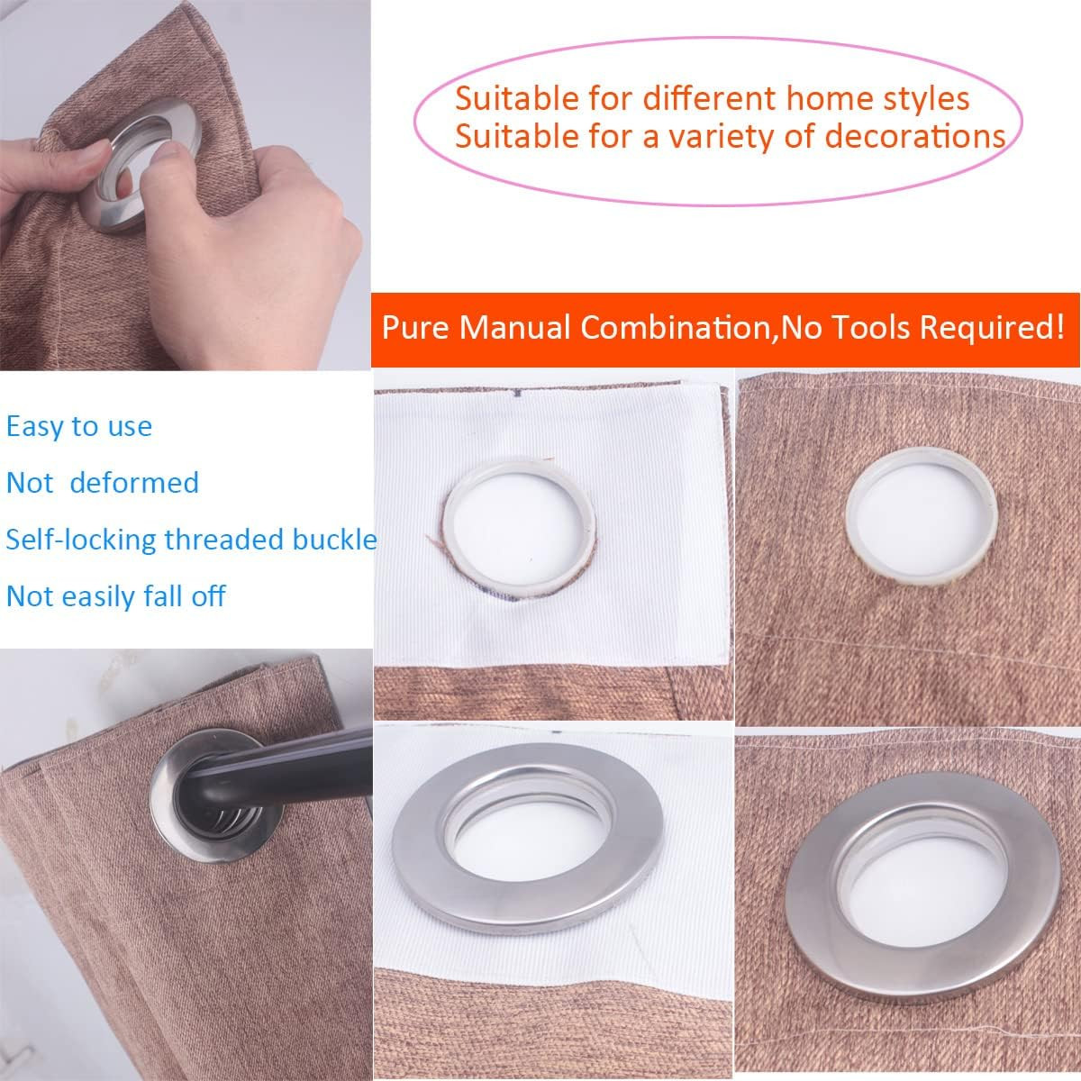 10 Pack Stainless Steel Curtain Grommets, 2 in 1 Metal Curtain Ring Eyelets Meta