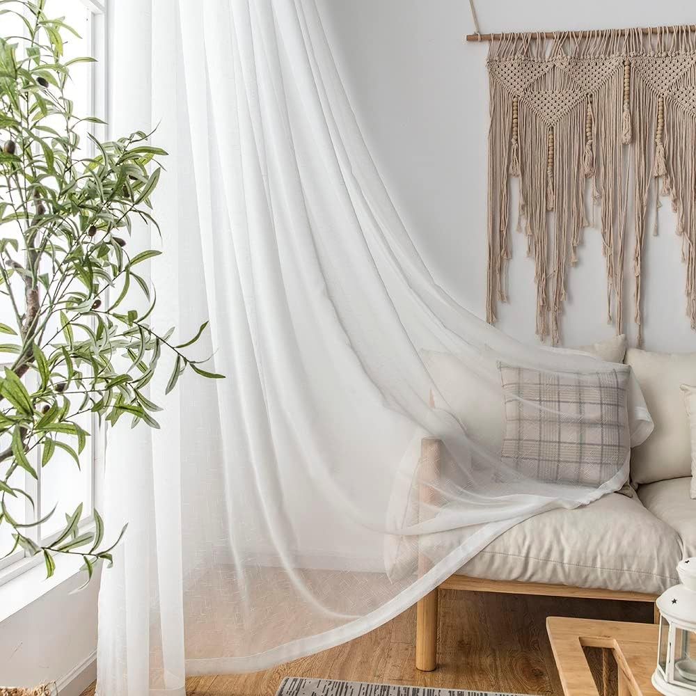 Ivory Pinch Pleated Sheer Curtains 96″ Long, 2 Panels with Rings & Hooks
