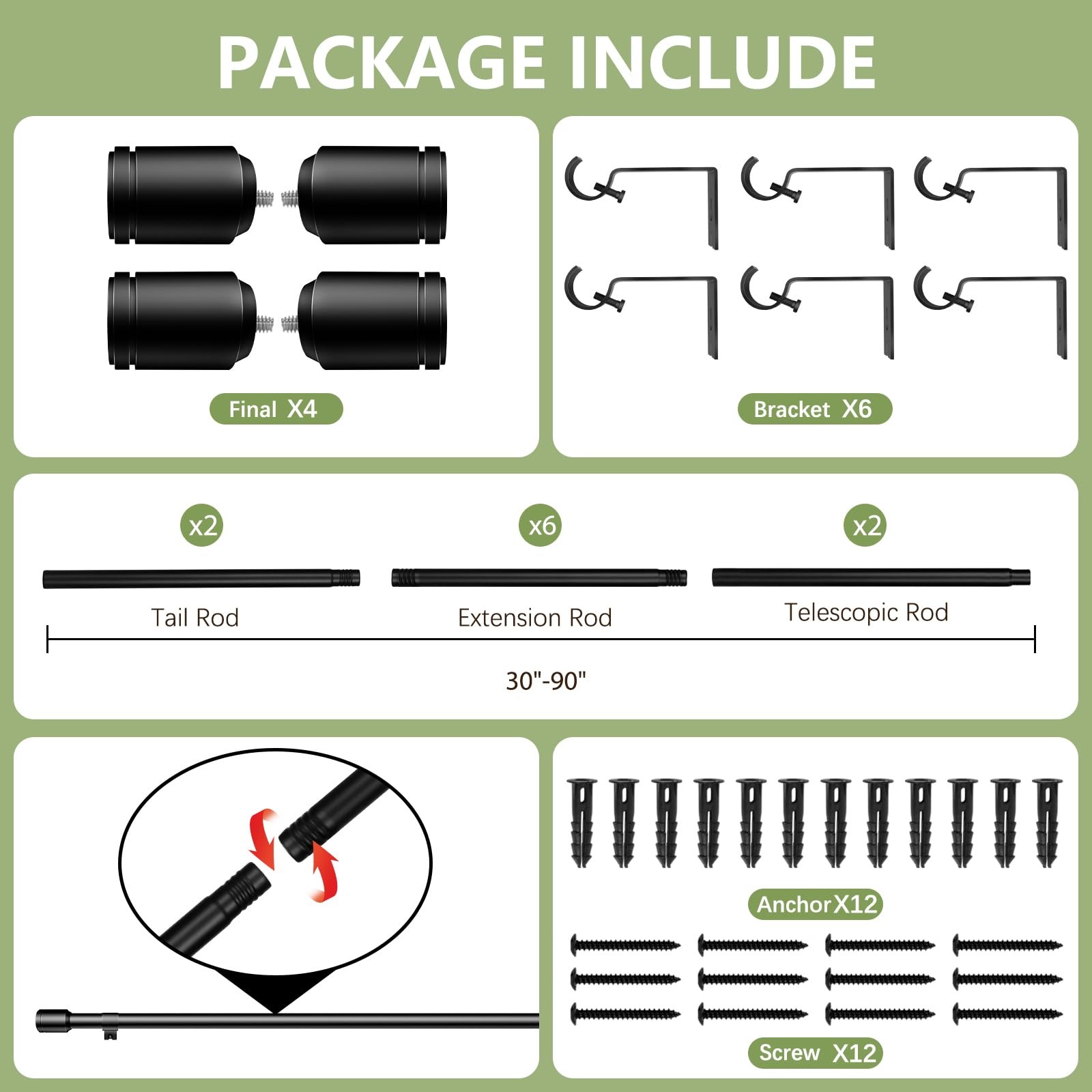 5/8 Dia Curtain Rods 30-90 Inch Adjustable Splicing Black With Brackets 2 Pack