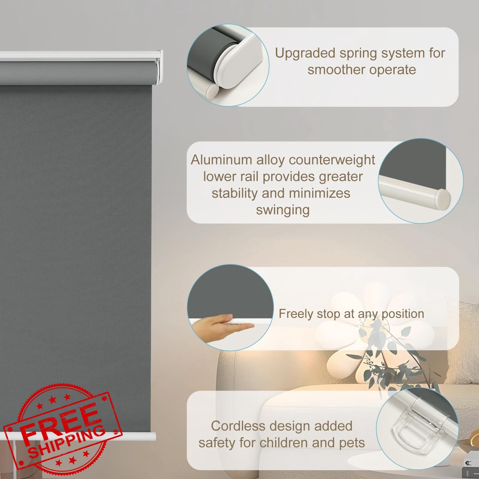 Changshade Grey Blackout Roller Shades 55″w x 72″h Cordless