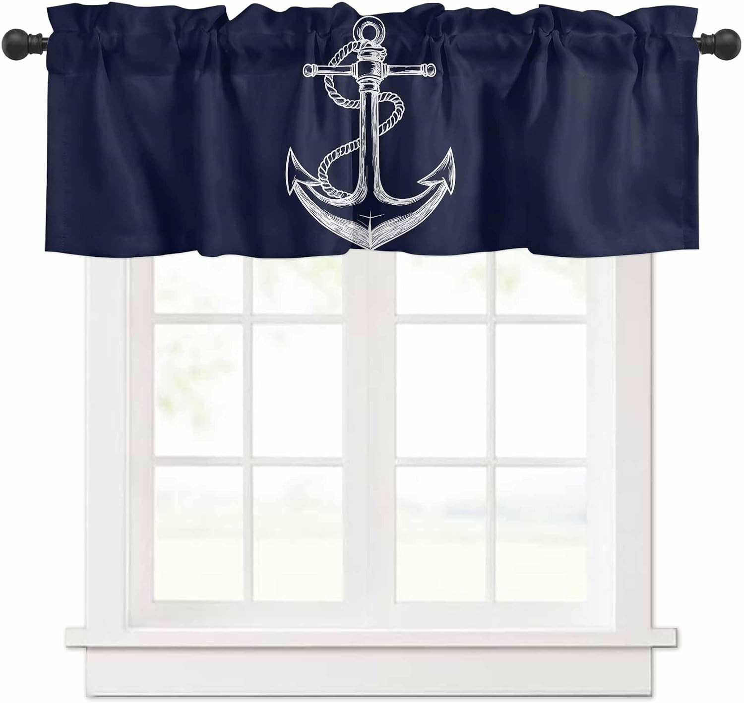 Window Curtains Valances, Nautical Knot Anchor Illustration Minimalist Art Dark
