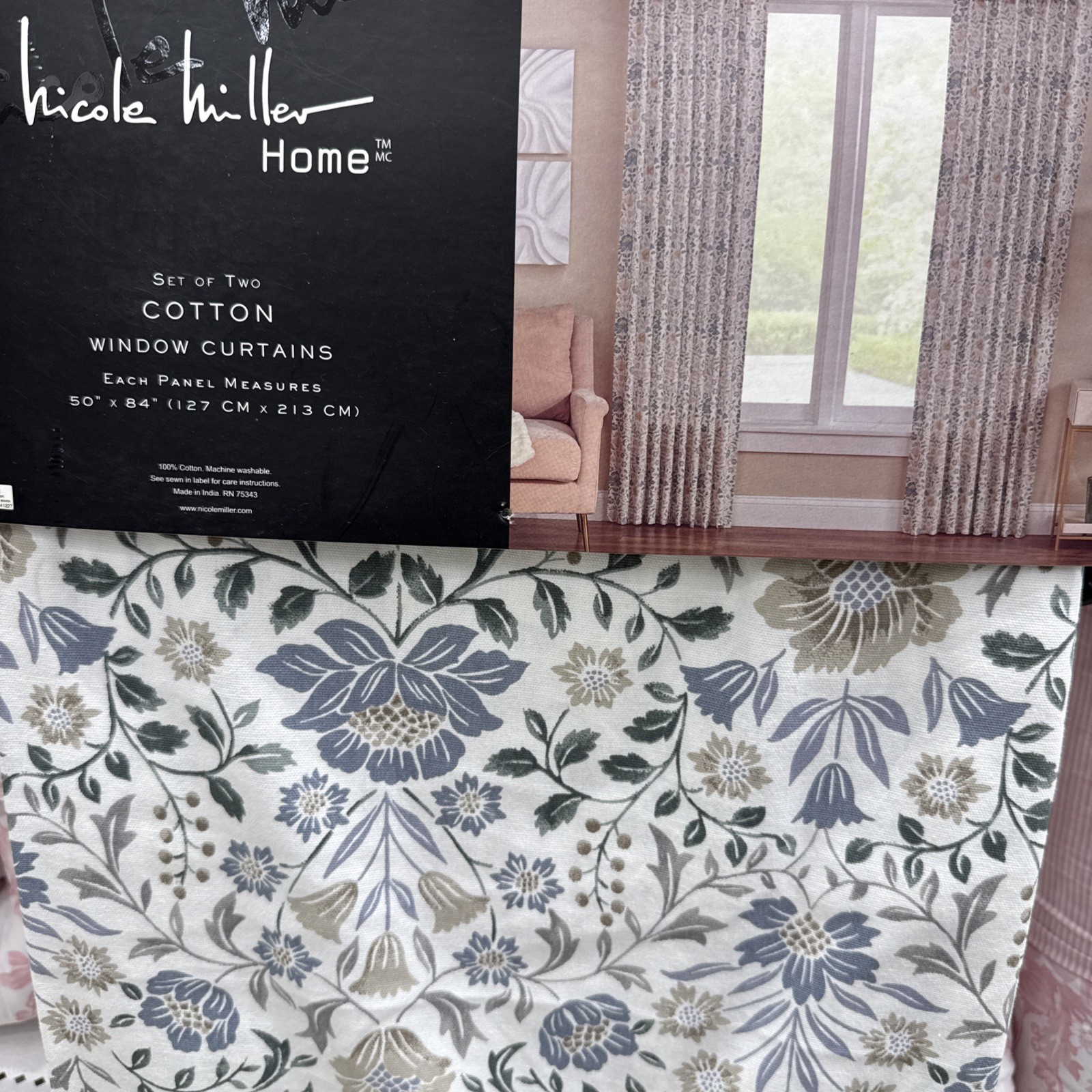 Nicole Miller Floral Damask Blue Cotton Two Back Tab Window Panels 84”~New~