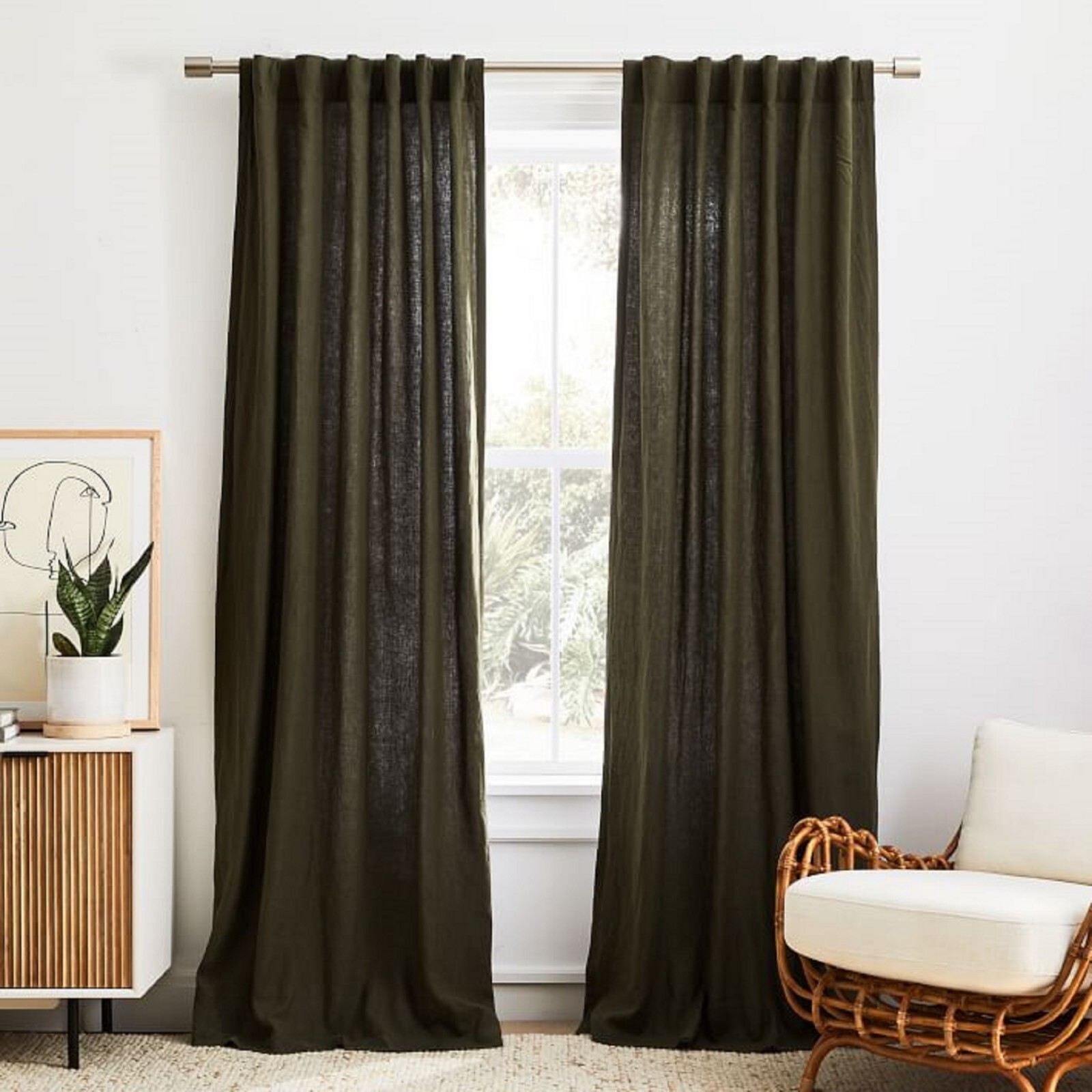 Linen curtain Dark Moss Green Color Living Room two panels Bedroom Curtain Set