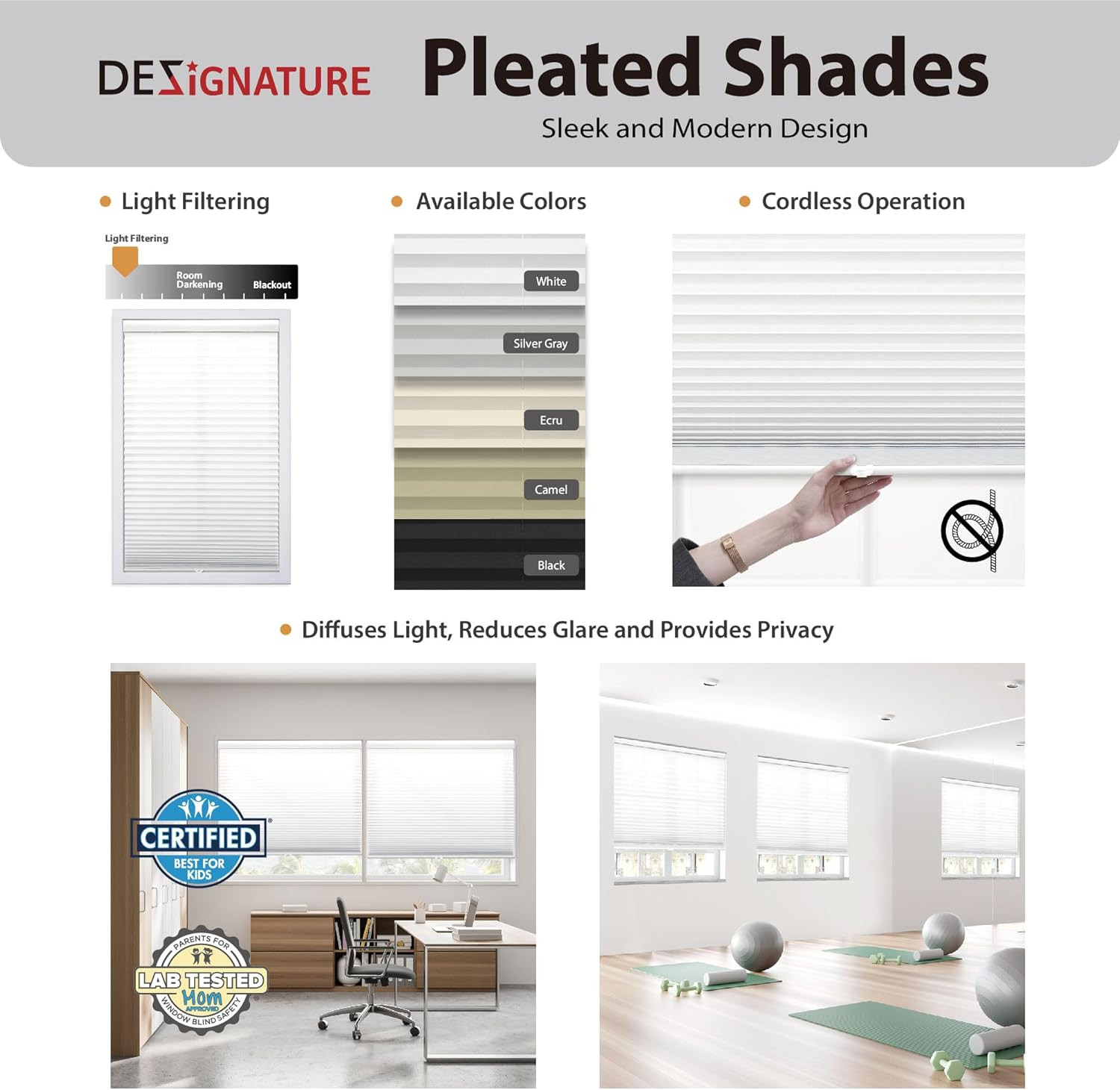 Cordless 1″ Pleated Fabric Shade, Light Filtering, 70″W x 48″H, White