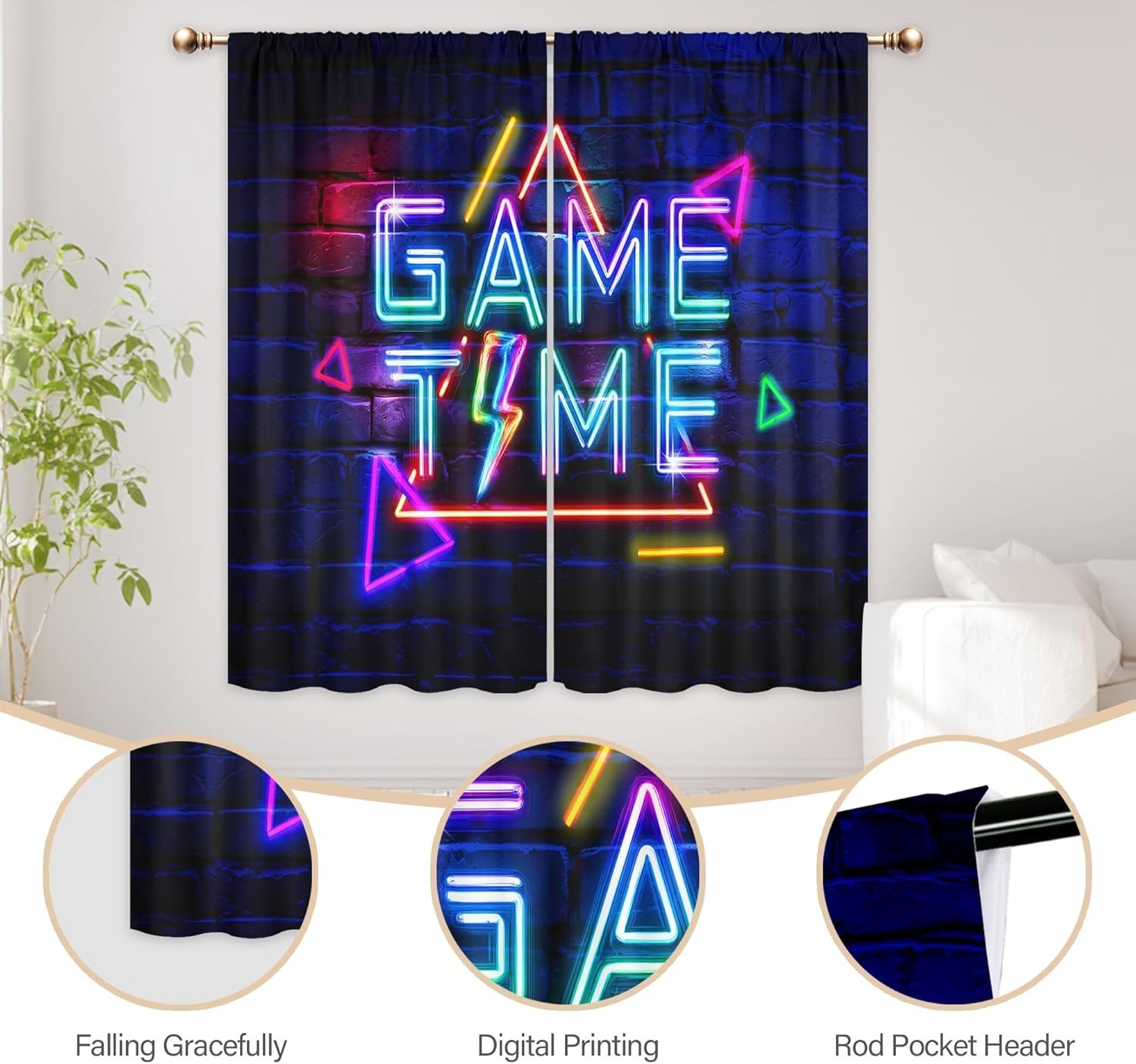Kids Neon Gaming Curtains for Boys Bedroom 42Wx63H Inch Rod Pocket Gamer Vide…