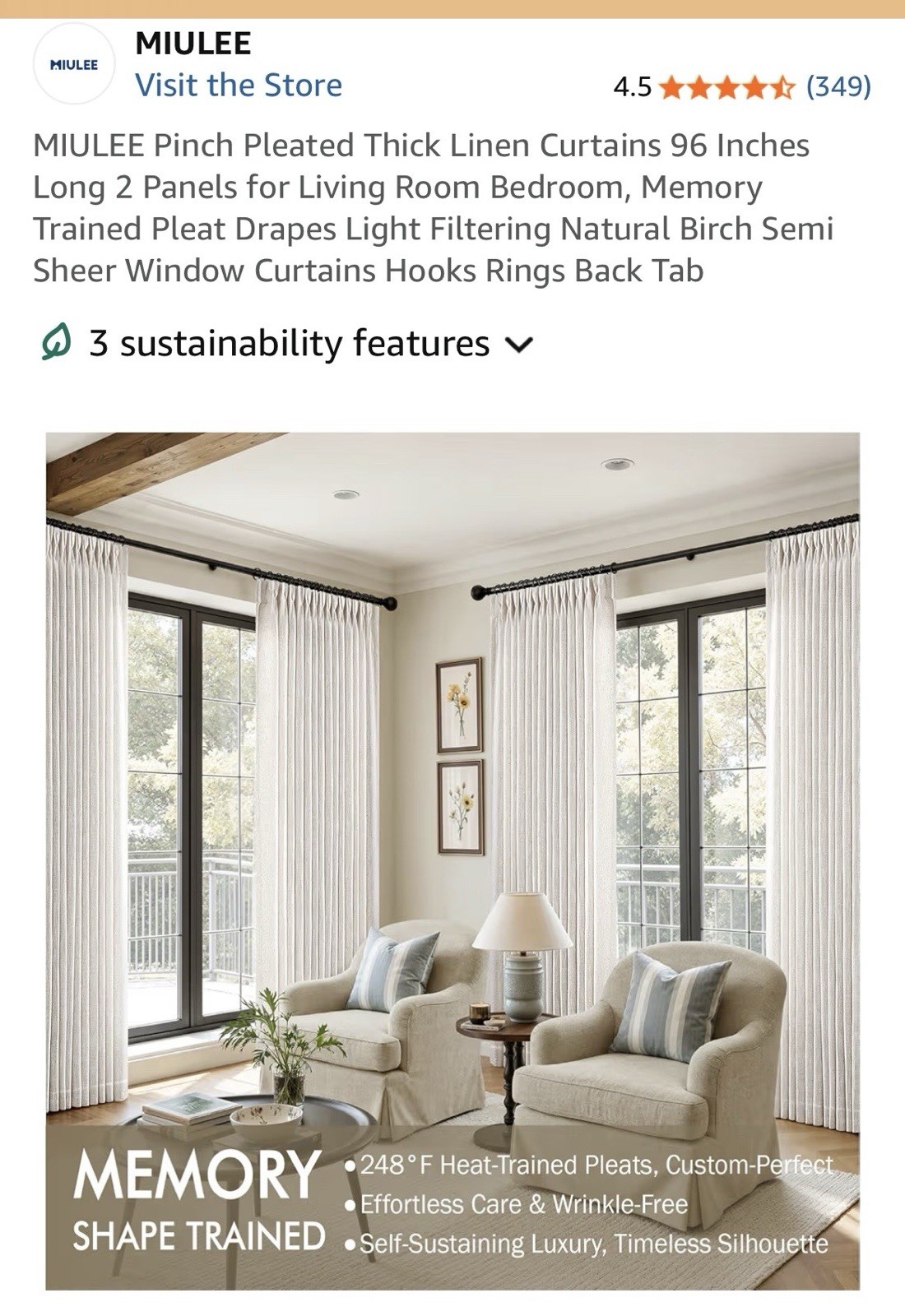 Miulee Pinch Pleated Curtain 96 Long Set Of 2 Brand New Linen Blend Easy Hang