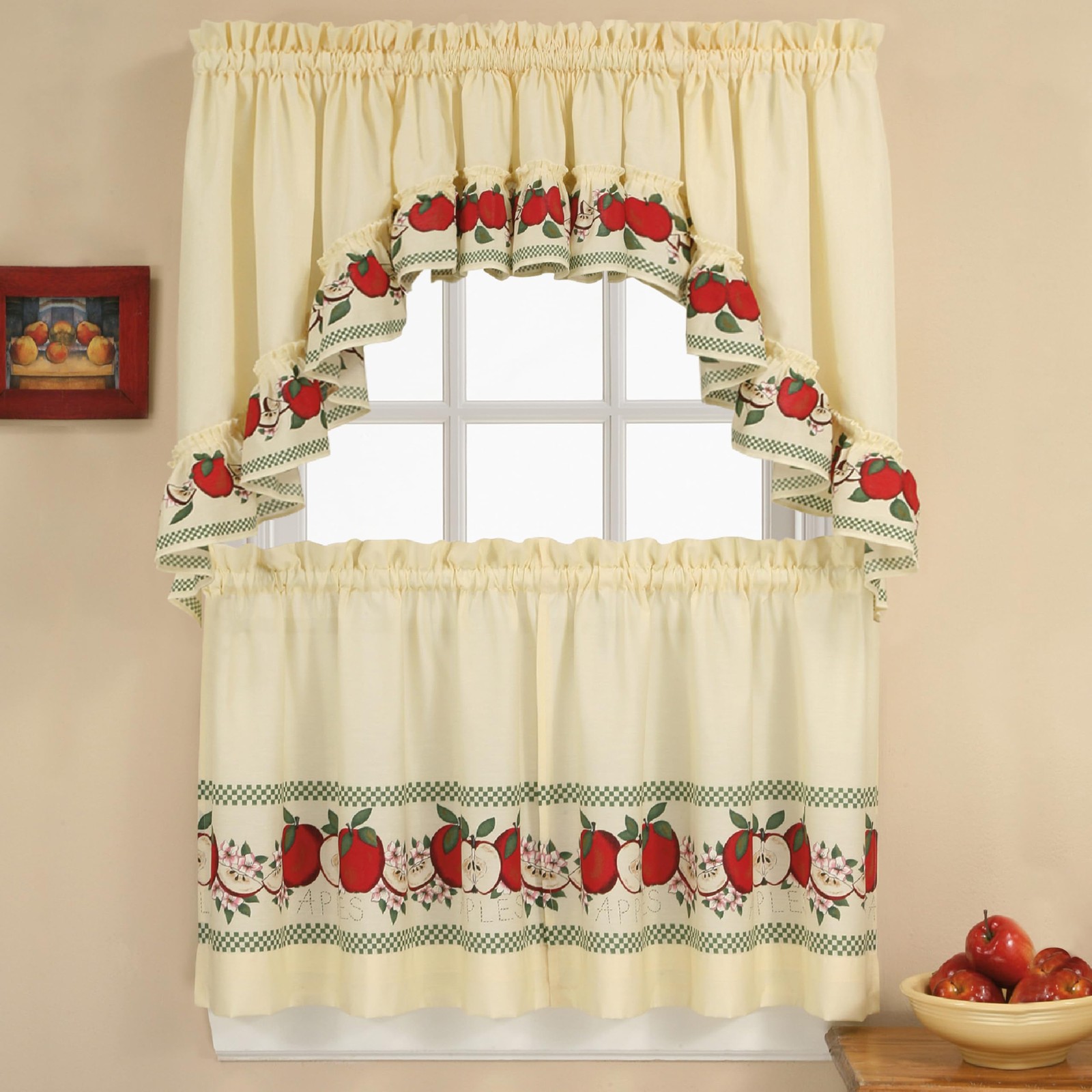 Red Delicious Country Apples 3-Piece Window Curtain Tier Set, Ivory, 56-Inch …