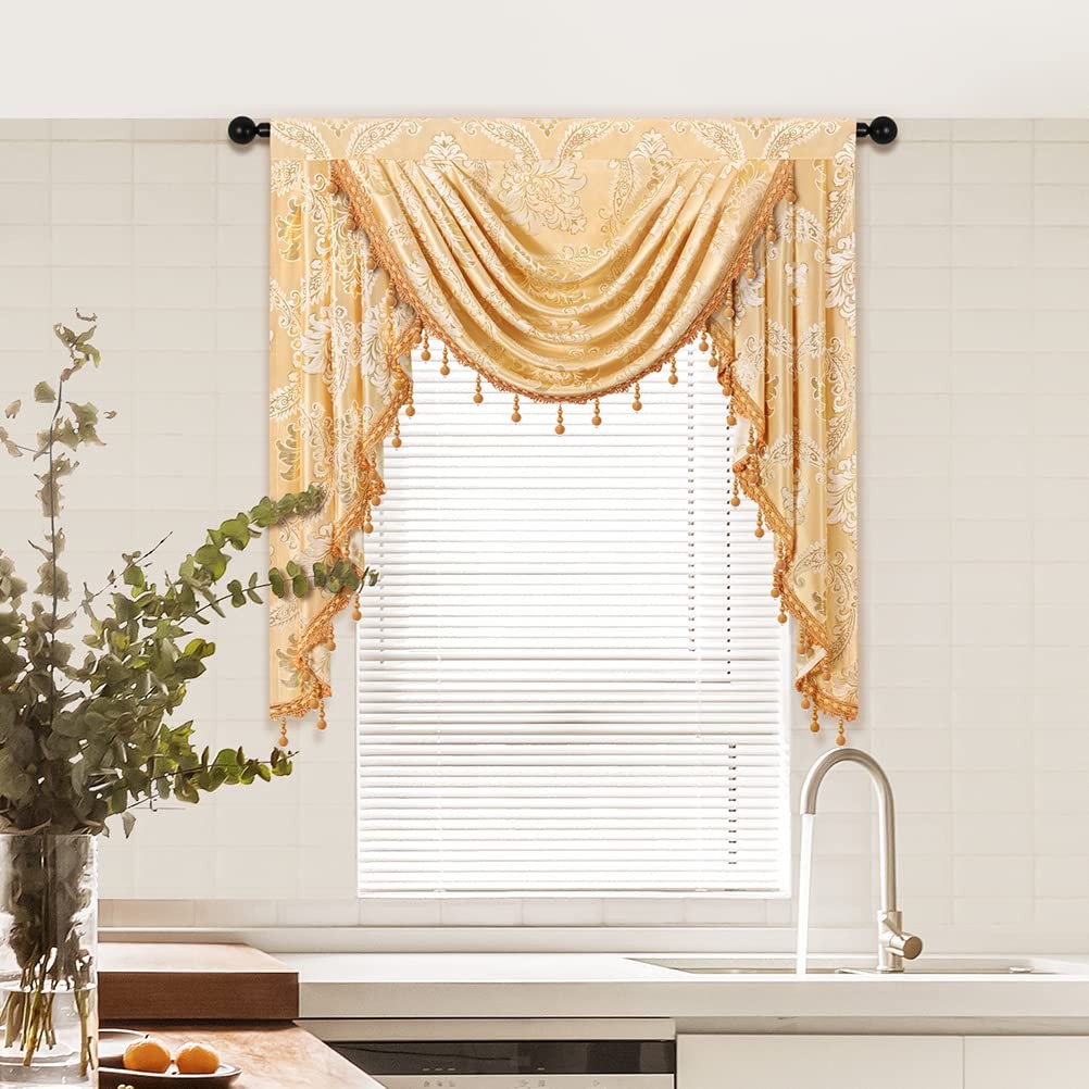 Damask Golden Jacquard Single Swag Waterfall Valance for Kitchen Living Room …