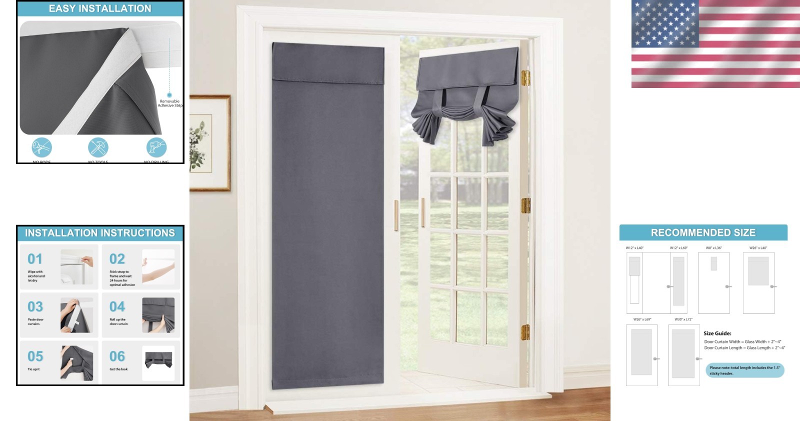 Versatile Grey Blackout French Door Curtain – No-Drill, Adjustable, 26″W x 69″L