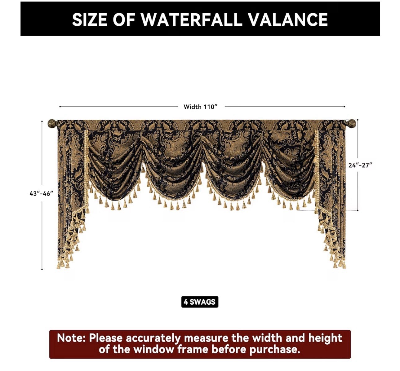 Loom&Mill Luxury Waterfall Valance Black/Gold 110W”x45L” Elegant/Gorgeous