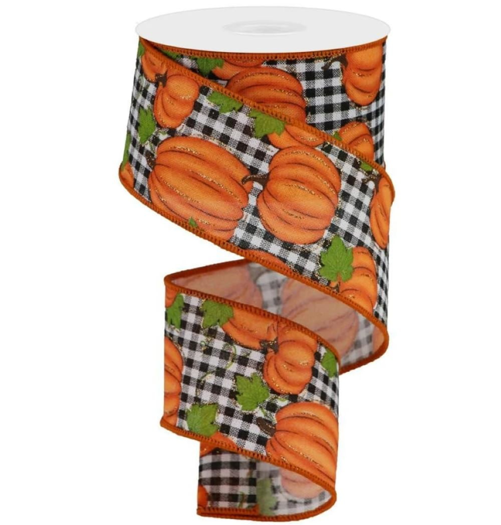 Pumpkin Patch Plaid Wired Ribbon 2 1/2 Inch x 10 Yards Black White Check Fall