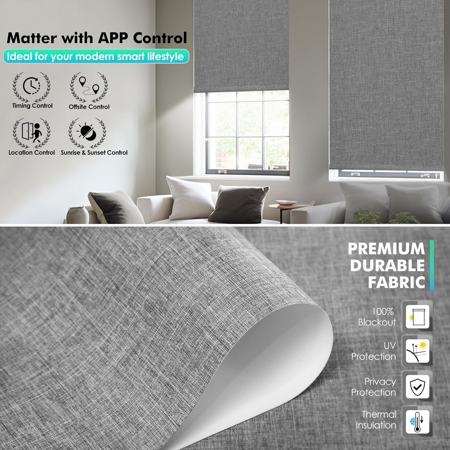 Smart Motorized Blackout Blinds with Remote & Solar Panel, Grey 27×72
