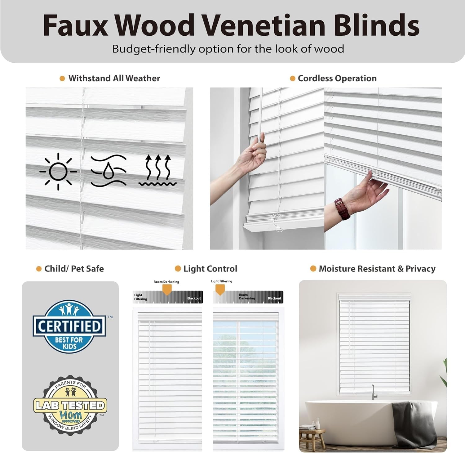 Cordless 2″ Signature Faux Wood Blind, 41″ W x 48″ H, Bark Brown