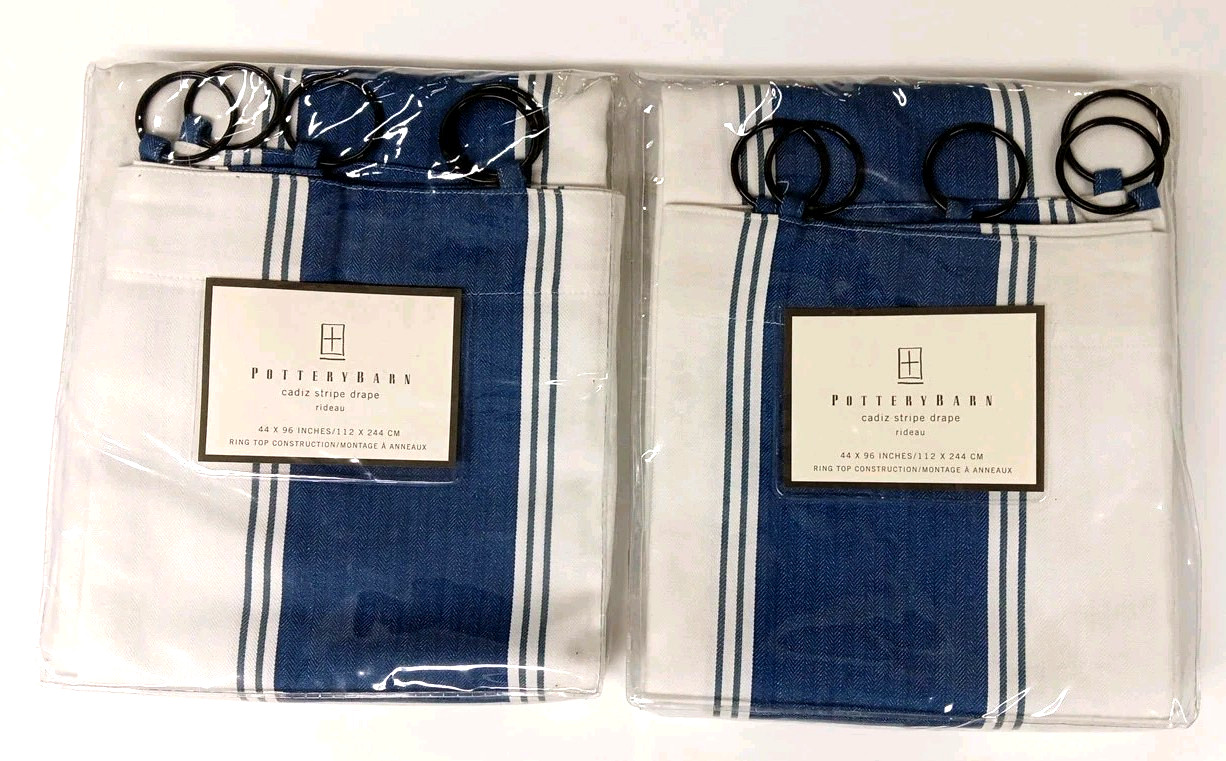 POTTERY BARN Cadiz Blue Stripe COTTON Curtain Drapes 44” x 96″ Ring Top 2 Panels