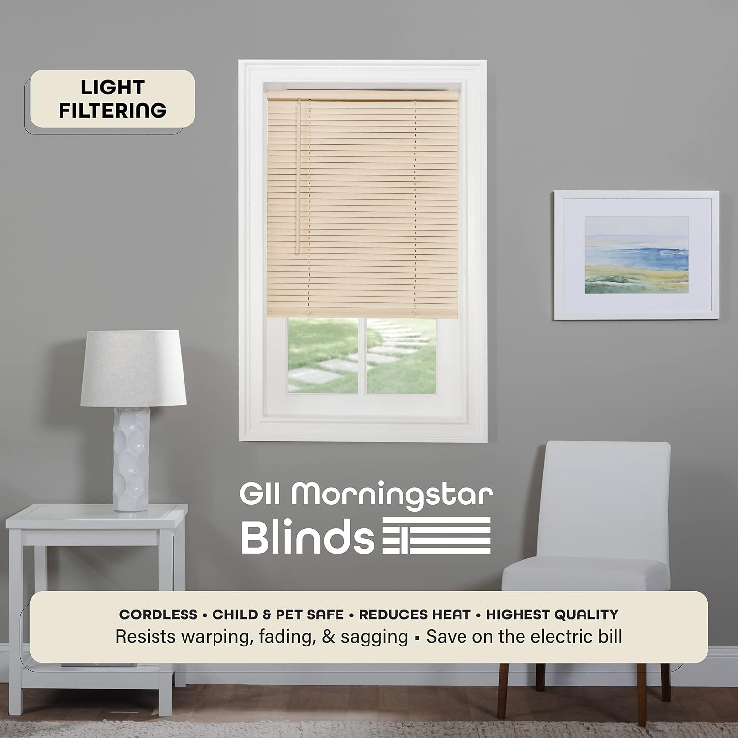 Home Decor Light Filtering Mini Blind 34×64 Alabaster Vinyl Cordless Child Safe