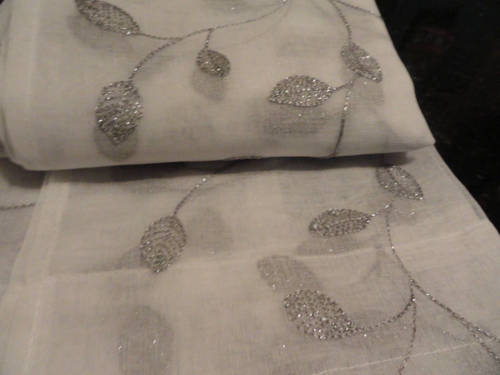 3 piece white sheer embroider Silver vining Leaves fabric Tier CURTAIN metallic