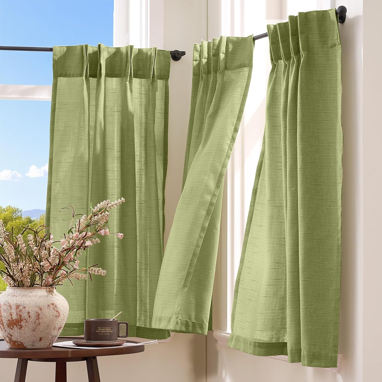 jinchan Linen Pinch Pleated Kitchen Curtains 24 Inch 2 Panels, Natural Linen Tie