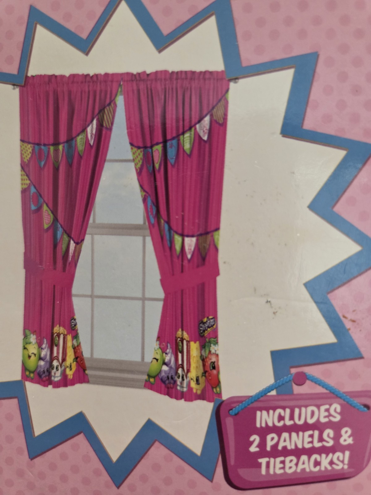 Shopkins Window 2 Panels Microfiber Curtains Pennant Flag 82×63 Pink Set Bedroom