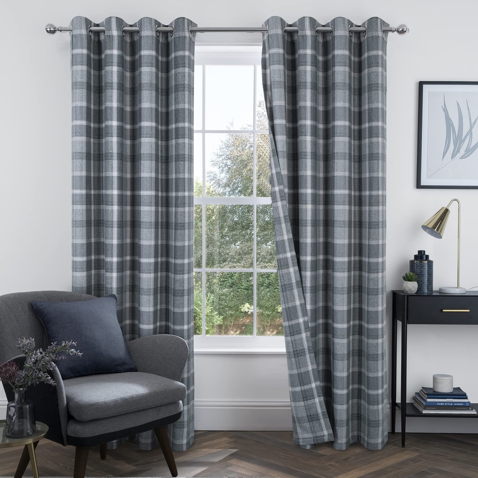 Always4U Grey Plaid Tartan Curtains Highland Woolen Look Check Modern Classic
