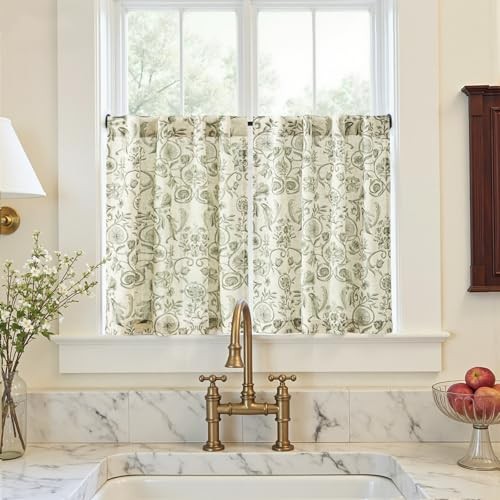 Small Window Curtains 30 Inch 26″W x 30″L (Pack of 2) Classic | Green on Beige