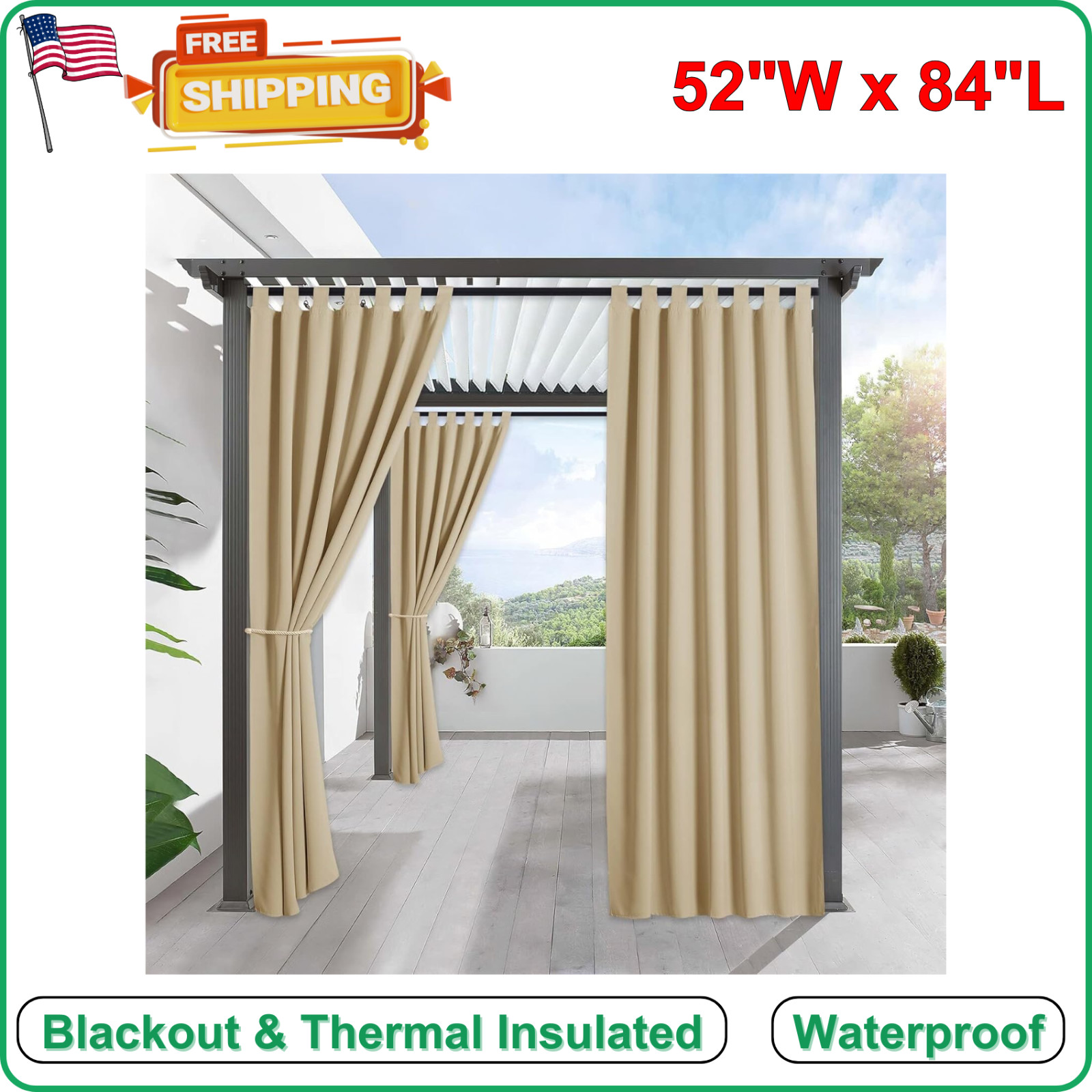 Waterproof Outdoor Curtains For Patio 52″W x 84″L, Cream Beige Thermal Insulated