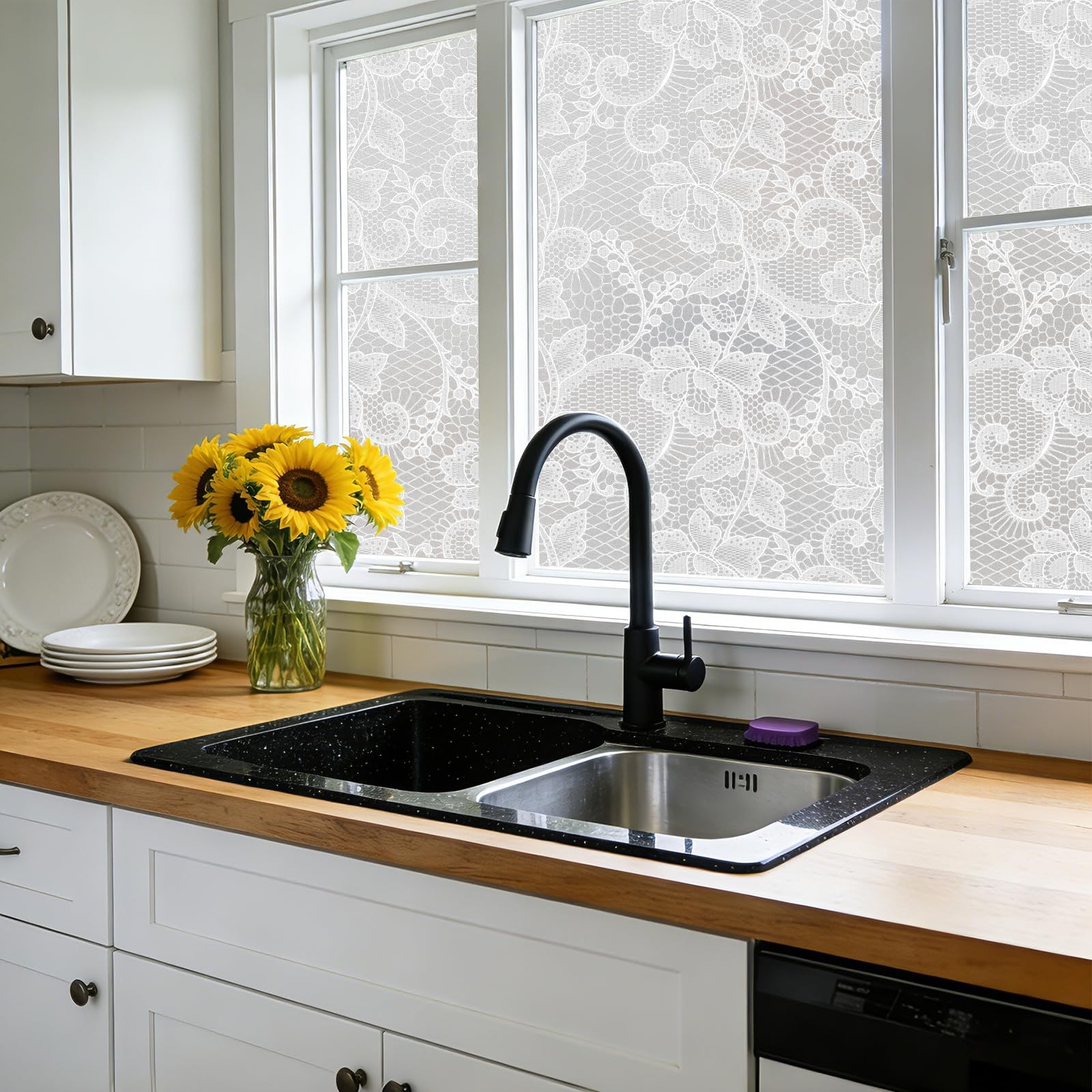 Frosted Window Privacy Film White Lace Stained Glass Static Cling Tint