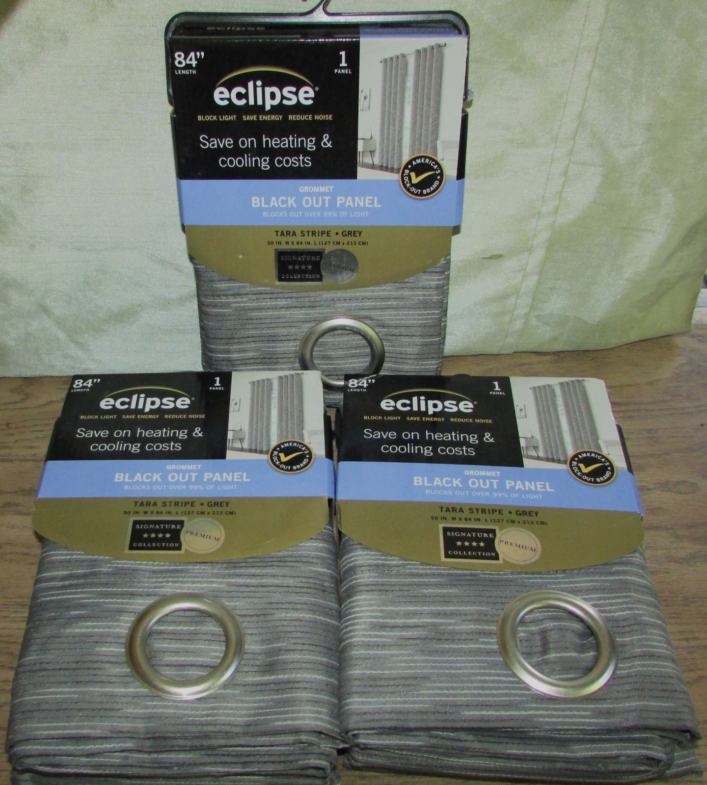 3 ECLIPSE 84″x 50″ GROMMET BLACK OUT TARA STRIPE GRAY CURTAIN PANELS, NEW IN PKG