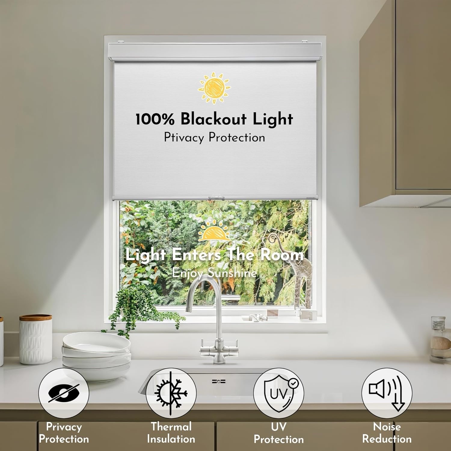 Cordless w/ Valance 100% Blackout Window Shades Pull Down Blinds 59×80 Light Gre
