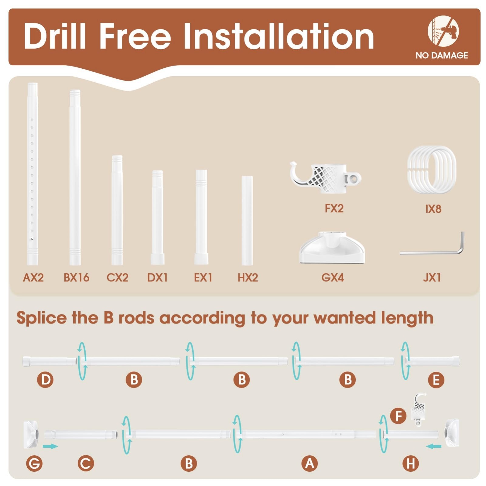 Adjustable Room Divider Curtain Rod – No Drill Wall Partition, 4-10ft Height, 28