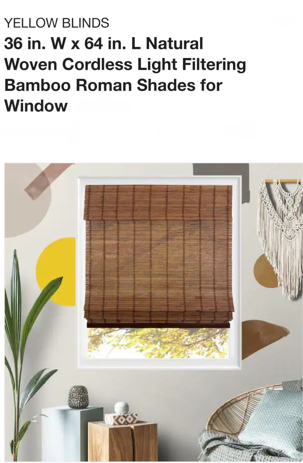 YELLOW BLINDS 36 in. W x 64 in. L Natural Woven Cordless Light Filtering Bamboo