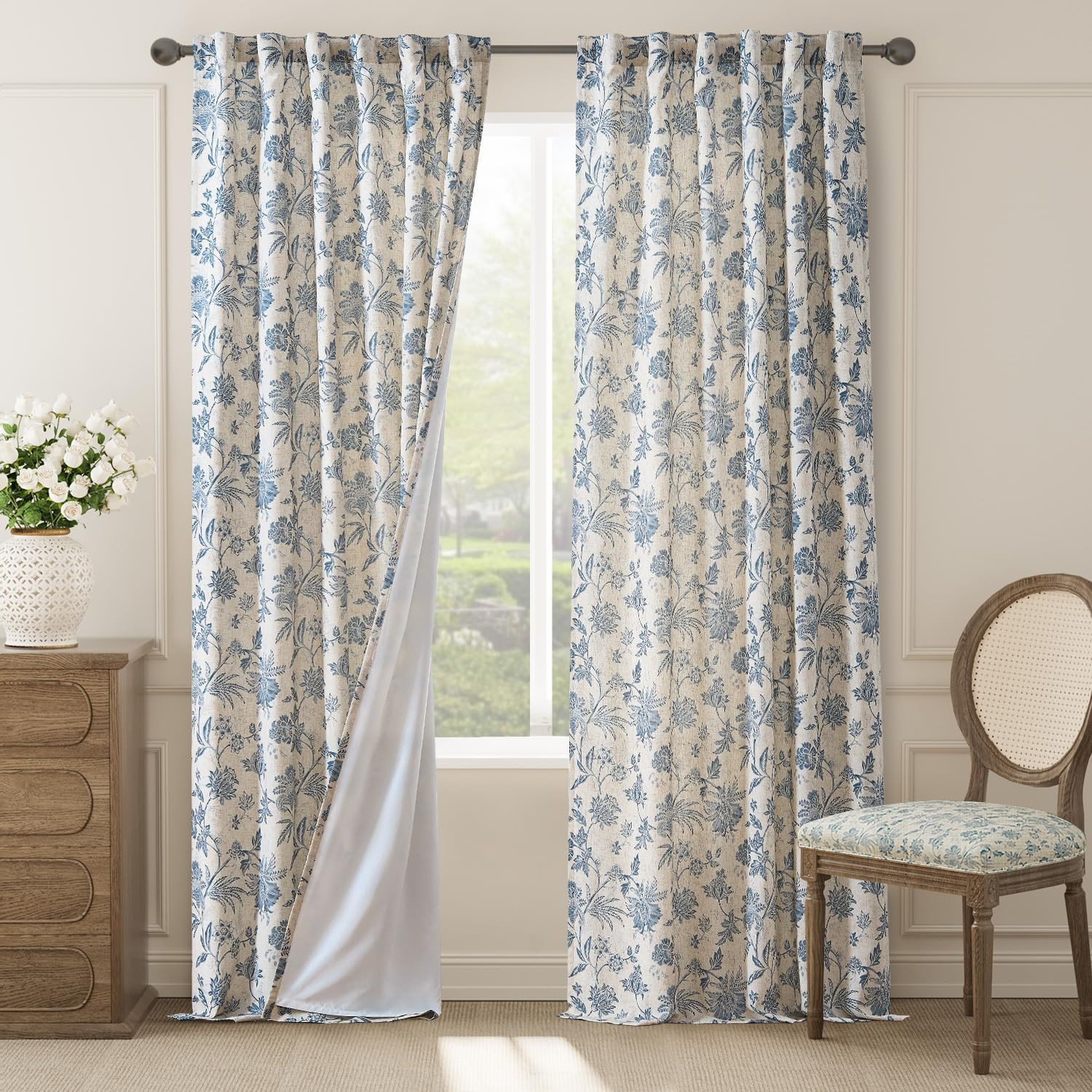 96″ Floral Linen Curtains – Blue Farmhouse Drapes, 2 Panels Set