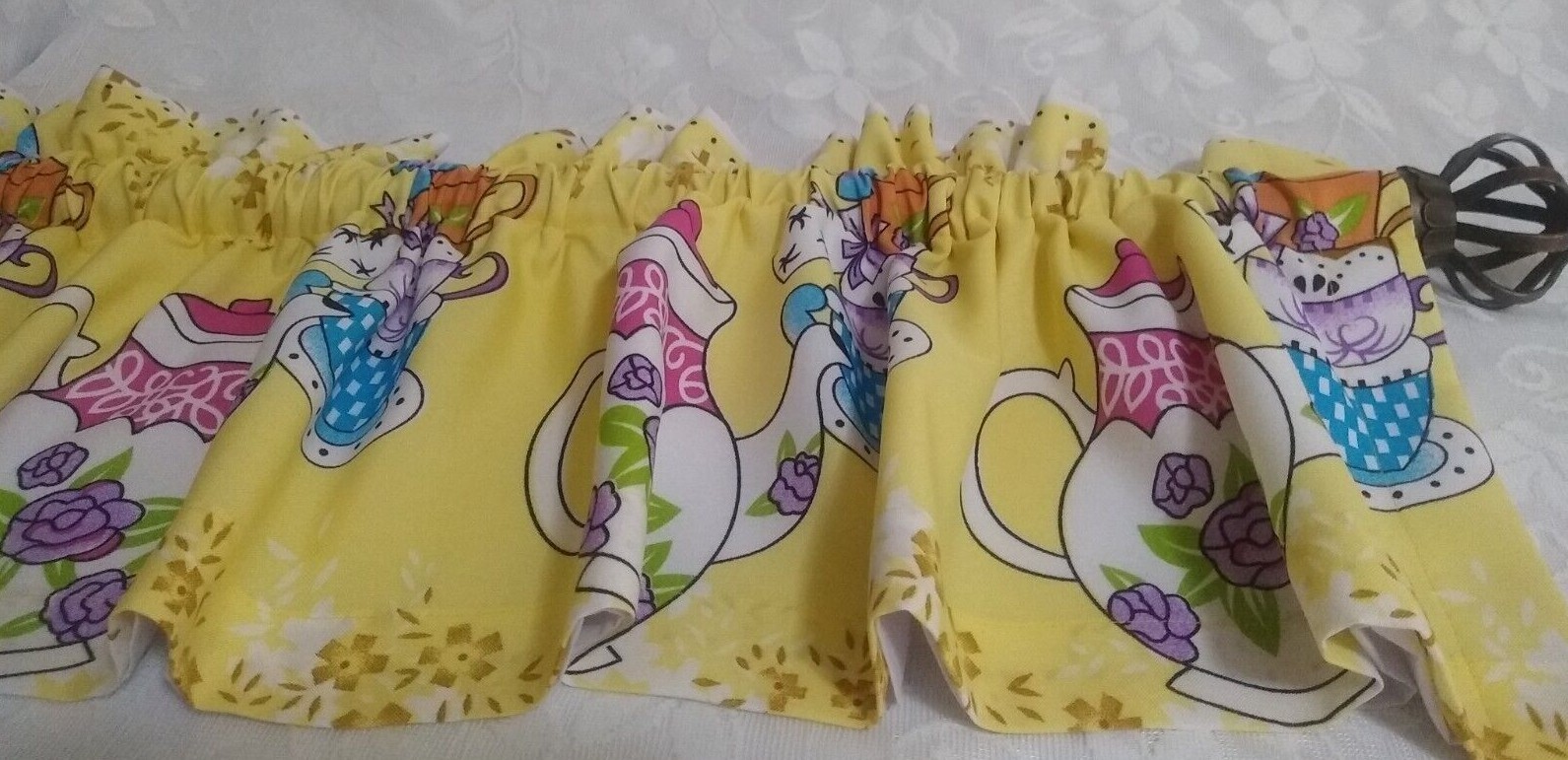 Teapot Kitchen Valance 12″ & 14″ Teacup Prints Teatime Lined Kitchen Valance
