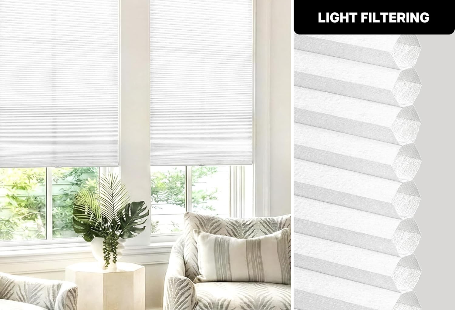 35.5″ W x 72″ H Cordless Light Filtering Cellular Shade, Easy Install, White