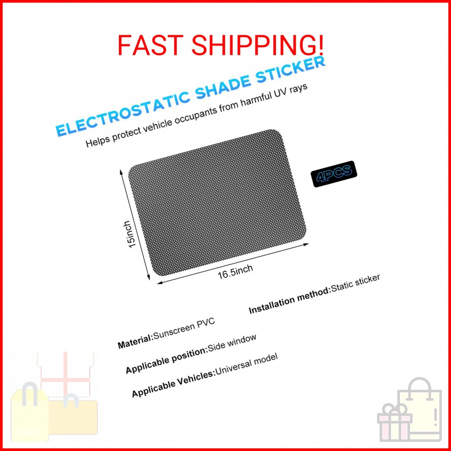 povtii 4 PCS Car Side Window Sunshade, 16.5″×15″ Static Cling Auto Sunshade Film