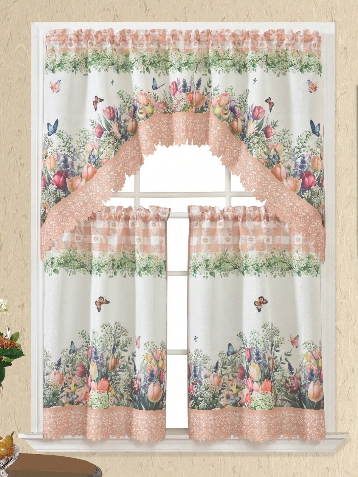Beige Floral Butterfly Kitchen Curtains 56.3W x 70.8L One Piece